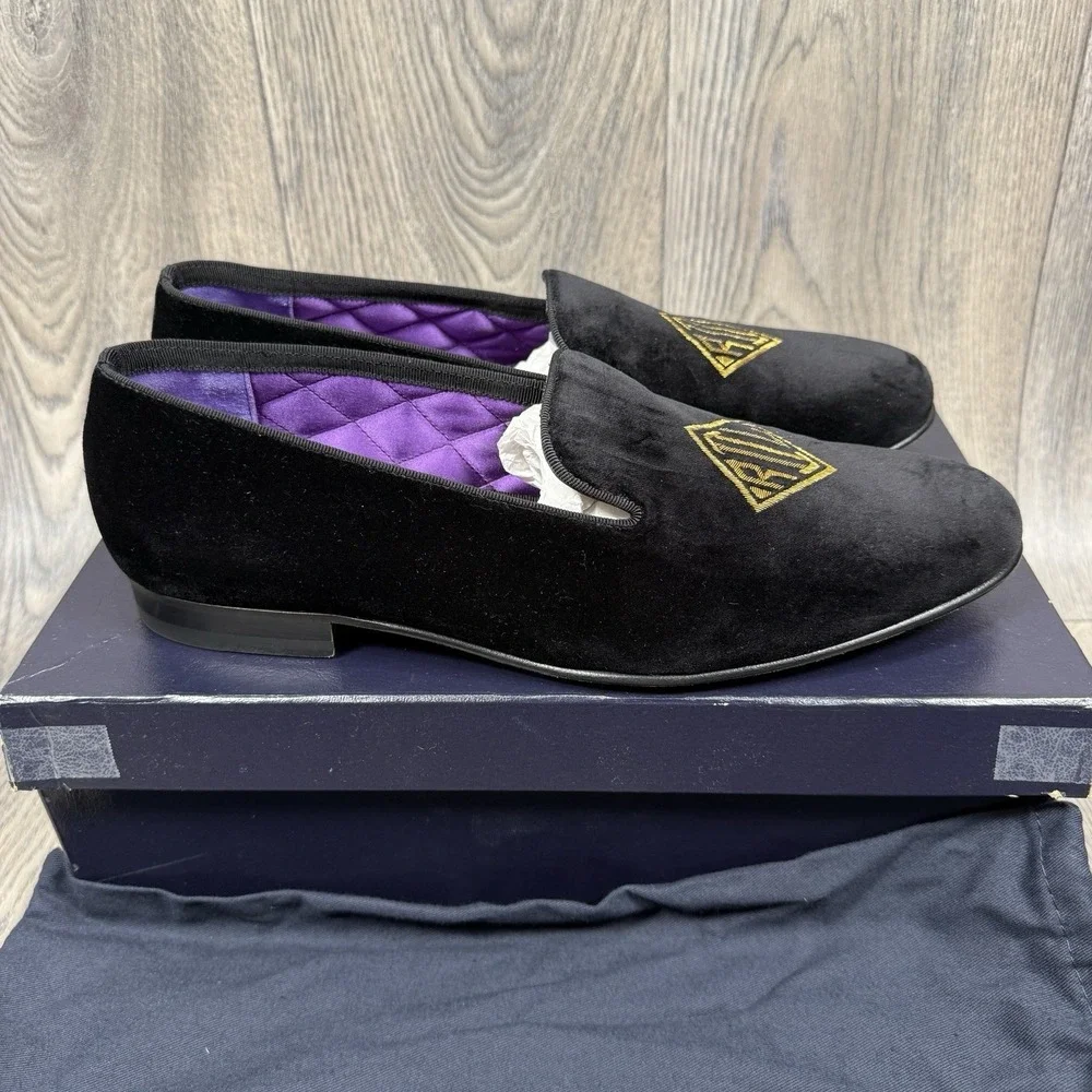 NEW Ralph Lauren Purple Label Alonzo Black Velvet RL Deco Bullion Slippers 12 D